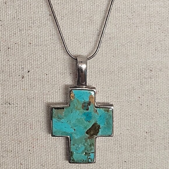 Turquoise Cross Pendant Necklace with Silver Chain - Picture 2 of 5